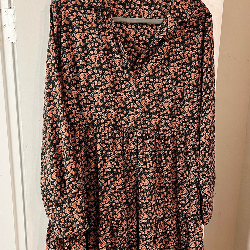 SHEIN Black Dress with Coral Rose Floral Print. Knee length